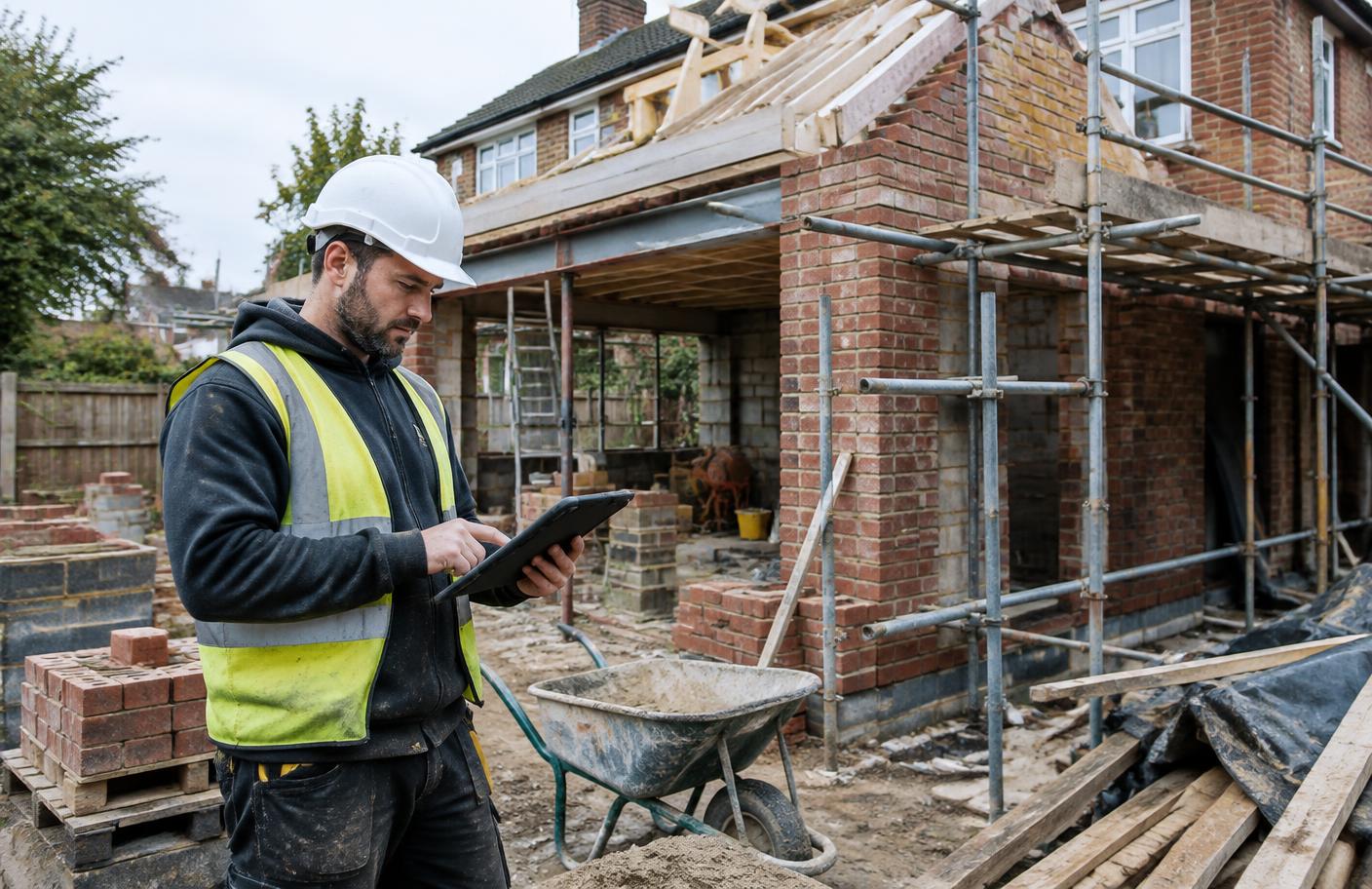 Contractor checking a tablet at a residential extension site