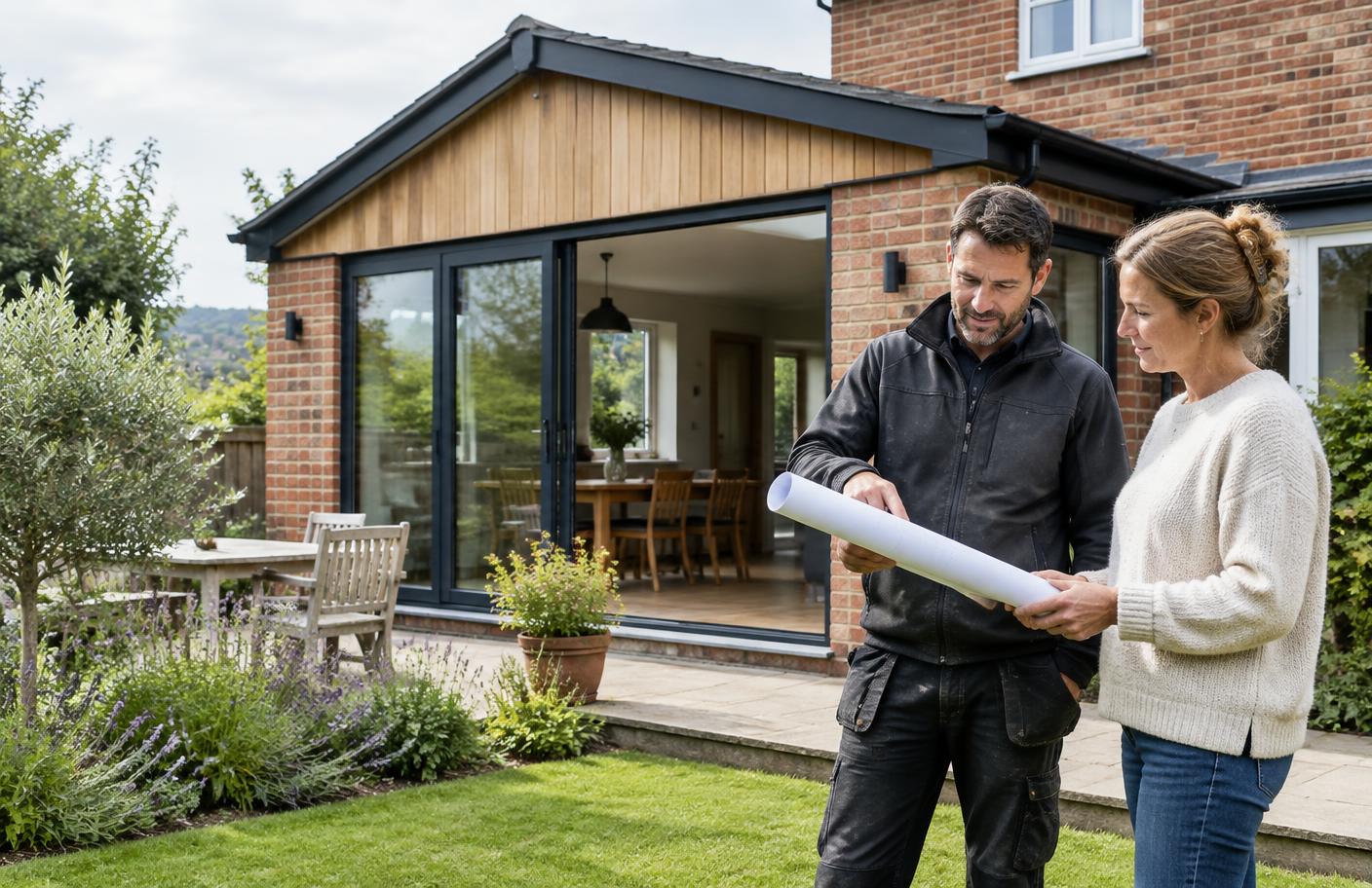 Homeowner and tradesperson discussing an extension