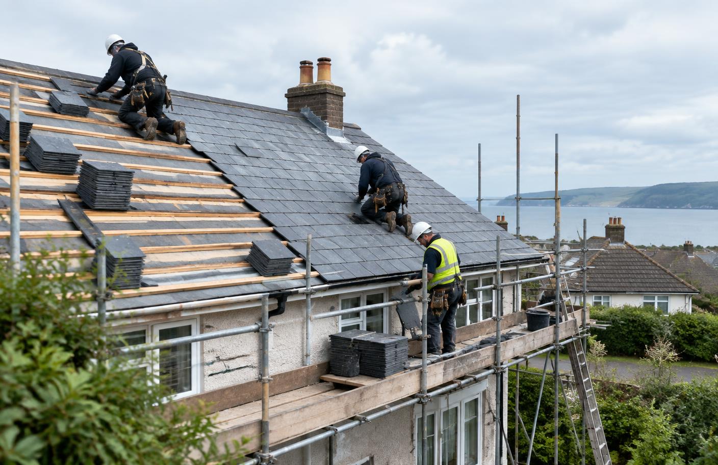 Roofers laying slate on a scaffolded residential roof