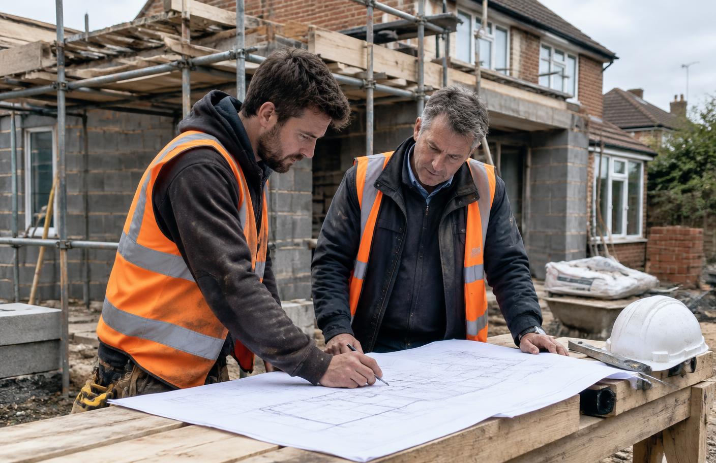 Builders reviewing plans at a residential extension site